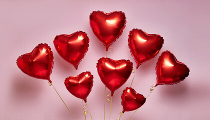 Red heart balloons on pink background for Valentine's Day celebration