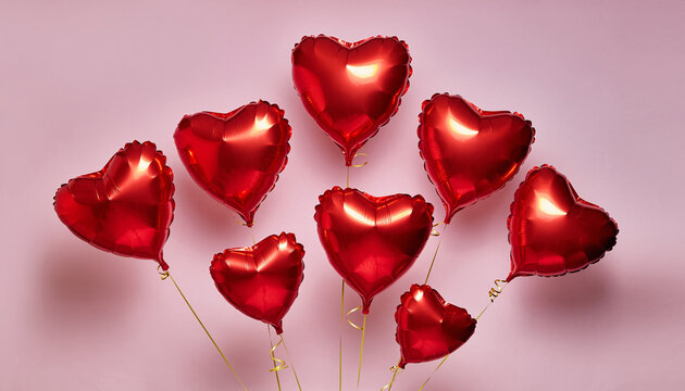 Red heart balloons on pink background for Valentine's Day celebration - Powered by Adobe