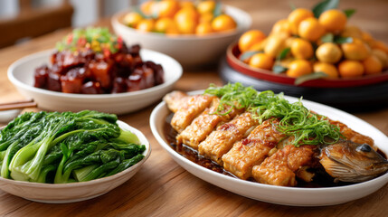 Luxurious new year feast table setting with gourmet dishes for celebration