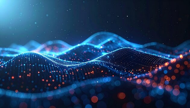 Abstract digital wave data visualization representing glowing particles and light streaks with a dark blue background - Powered by Adobe