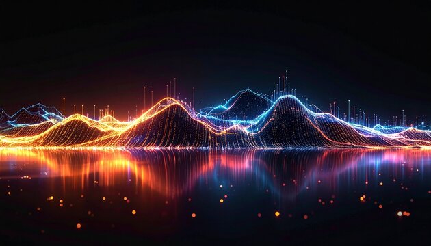 Abstract digital sound waves with glowing orange and blue peaks reflecting on a dark, reflective surface, representing data visualization or an audio spectrum, evoking futuristic technology - Powered by Adobe