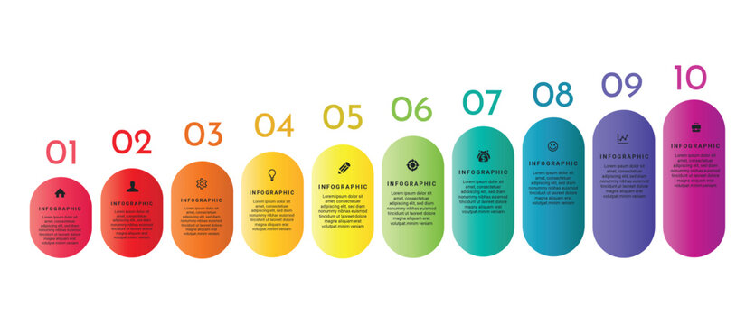 Colorful horizontal infographic with 10  steps, rounded gradient elements, numbers, and icons. Clean modern business process timeline. - Powered by Adobe