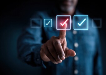 A hand selecting a checkmark on a digital interface, symbolizing decision-making or task completion in a dark setting.