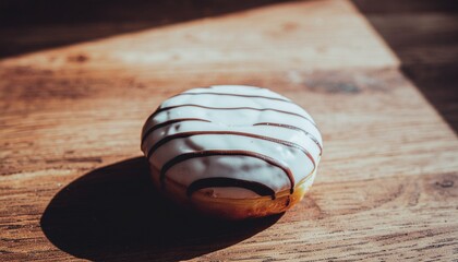 Delicious white chocolate glazed donut on wooden table