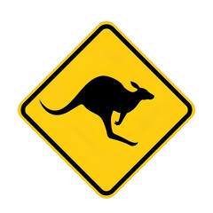 Kangaroo crossing road sign, isolated on white & transparent background. Ideal for Australian travel guides, road safety campaigns, educational materials, vehicle awareness,