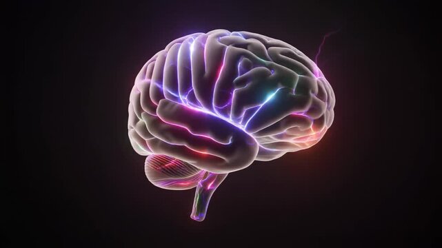 Abstract 3D rendering of a human brain with colorful glowing electrical impulses and lightning
