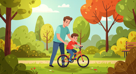 Father assisting son riding bicycle in the park