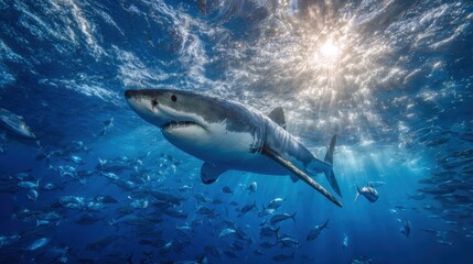 Fototapeta premium A large shark moves gracefully through deep blue ocean water surrounded by a group of fish. Sunlight shines through the surface, creating a lively atmosphere underwater