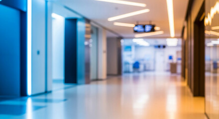 Modern hospital corridor with blurred background and vibrant lighting effects