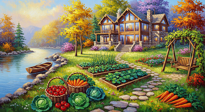 Rustic Autumn Cabin with Vegetable Harvest 3D Oil Painting relief wallpaper for mural wall art, canvas print, wall decor painting design
