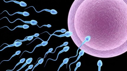 Microscopic View of Sperm Cells Swimming Toward Egg Cell Fertilization Process in Biological Environment