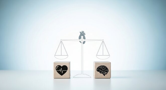 Balancing emotion and logic blocks on scales decision making concept