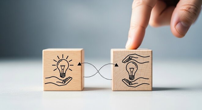 Intellectual property protection concept with light bulb icons on wooden blocks, patent law and copyright symbol, creative idea sharing and security