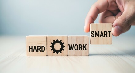 Hand replacing hard work block with smart work business concept