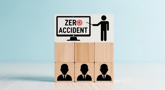 Zero Accident safety training concept, wooden blocks with occupational health icons, workplace security and injury prevention presentation