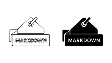 Black and White Markdown Price Tag Icons, Outline and Filled Styles