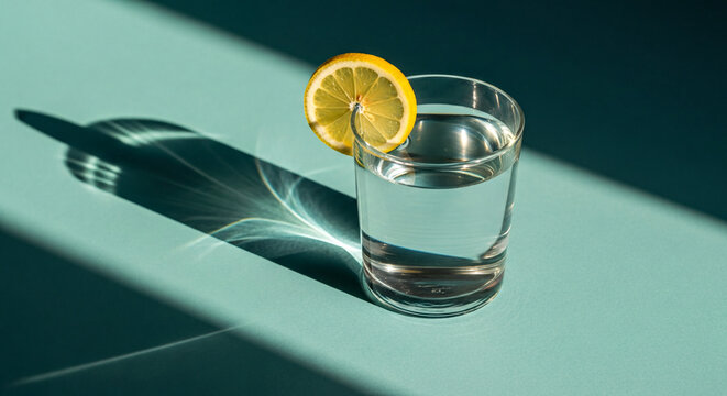 A clear glass of water with a lemon slice on the rim, casting a beautiful caustic light pattern on a turquoise surface