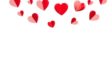 Valentine Day background with red and pink paper hearts on white background, top view