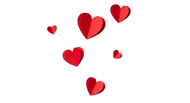 Valentine Day background with red and pink paper hearts on white background, top view