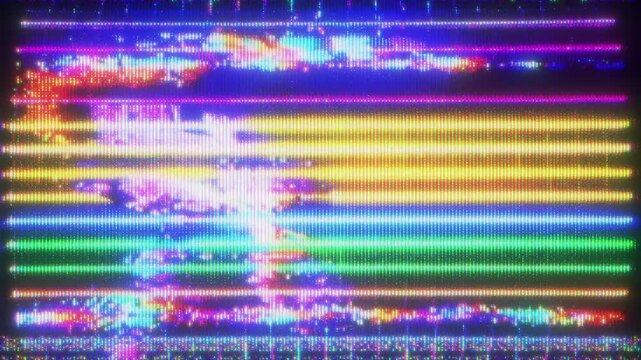 4K Analog TV decoding error glitch transition with broadcast malfunction rolling color bars static noise signal distortion and data as reusable overlay layer for broadcast interface system