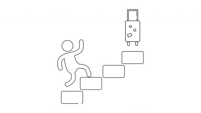 A figure climbs stairs towards a wheeled suitcase