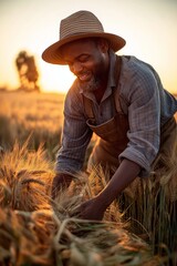 Smiling farmer picking ripe wheat during golden hour. Farmer harvesting ripe wheat in a field during a golden sunrise