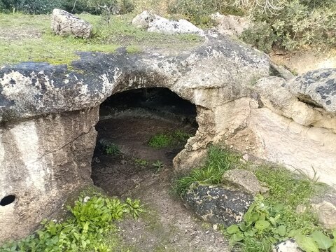  Detail of the underground necropolis of Su Crucifissu Mannu, an archaeological site located in Nurra, a region in northwestern Sardinia.Porto Torres, Sassari, Sardinia, Italy - 11.21.2025