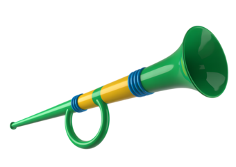 Brightly colored vuvuzela horn for sports events and celebrations isolated on transparent background 
