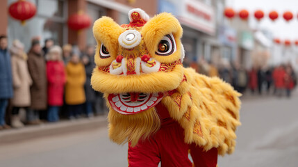 Vibrant lion dance celebration in street festivity for cultural tradition