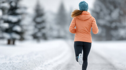 Early morning winter jogging on snow-covered path - fitness and health motivation in cold season
