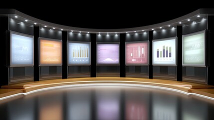 Modern conference room with digital screens displaying data analytics and business performance metrics in a sleek, high-tech environment