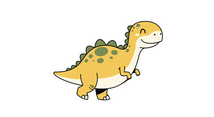 Fototapeta premium Adorable cartoon dinosaur character with green spots and a friendly smile in a simple flat design style on a clean white background.
