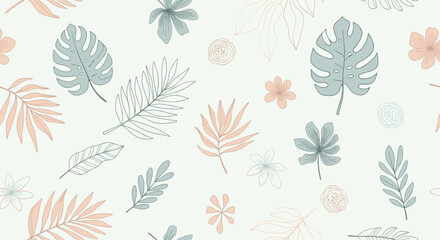 Elegant seamless pattern featuring various line art and soft colored tropical leaves and flowers in pastel pink and blue hues on a gentle light green background.