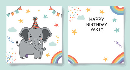 Delightful happy birthday party invitation card features a cute cartoon elephant wearing a festive party hat amidst confetti stars and rainbows.