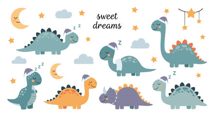 Charming set of cute cartoon sleeping dinosaurs adorned with nightcaps features "Sweet Dreams" text moons and stars on a white background.