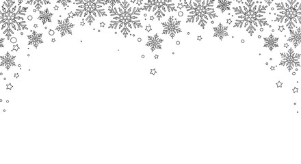 Elegant outline of snowflakes and stars creating a festive border at the top of a white background perfect for winter celebrations.