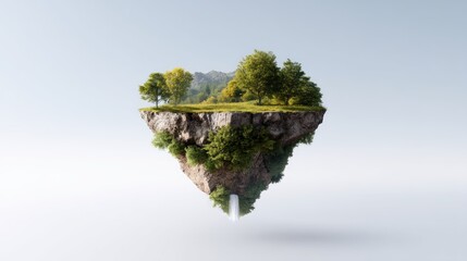 Floating Island Concept with Lush Greenery and Tiny Waterfall Set Against a Calm Sky, Ideal for Imaginative or Fantasy Themes in Visual Media