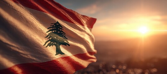 Lebanon Flag Fluttering Against Glowing Sky in Panoramic Composition