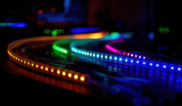 Colorful led light strips illuminated in the dark creating a visual display