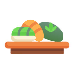 Stylized sushi pieces on a wooden plate, food illustration © Xihan