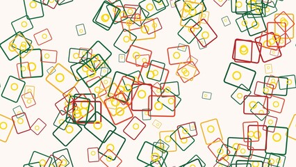 Colorful graphic illustration of scattered squares and rectangles in green, red, orange, and yellow on a white background with a flat design style.