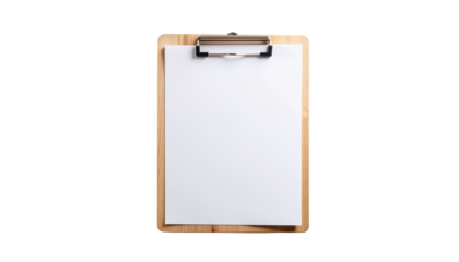 Single Light-Toned Wooden Clipboard Holding Blank White Paper, Office and Stationery Mockup, Isolated on Transparent Background PNG