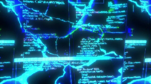 4K Digital Code Network Glitch Animation with Connected Data Nodes Signal Distortion Pixel Noise and System Interference as Reusable Interface Overlay Layer UI HUD Systems Motion Graphics Compositing