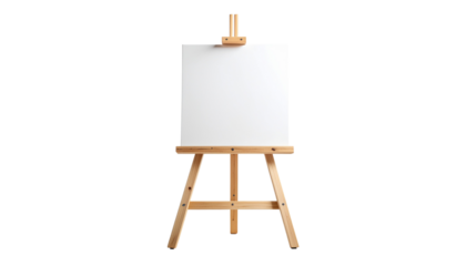 Single Tripod-Style Wooden Easel Holding Blank Stretched White Canvas, Artist Painting Display, Isolated on Transparent Background PNG