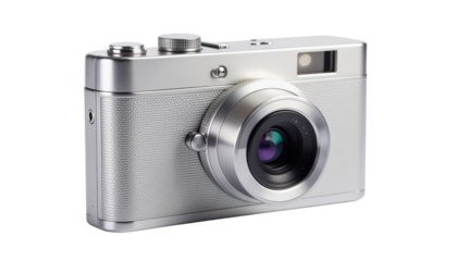 Compact Retro Silver Point-and-Shoot Digital Camera from the 1990s, Vintage Photography Device, Isolated on Transparent Background PNG