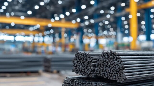 287High-detail close-up of steel rebar, textured grooves reflecting ambient light, bundled tightly in a factory environment, machinery blurred in the background.