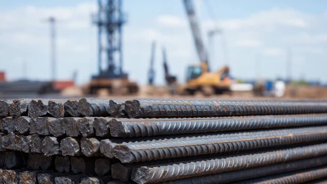 289Perspective close-up of stacked rebar, long steel rods with ribbed surfaces forming repeating geometric patterns, emphasizing industrial order and mass production.