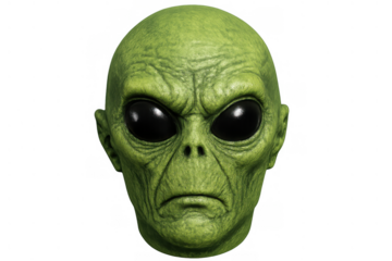 Green alien head with large black eyes and wrinkled skin, representing extraterrestrial life and science fiction on a transparent background