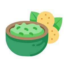 Stylized guacamole with chips and leaves on white backdrop