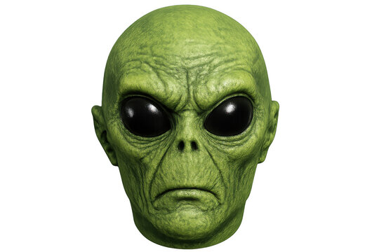 Green alien head with large black eyes and wrinkled skin, representing extraterrestrial life and science fiction on a transparent background